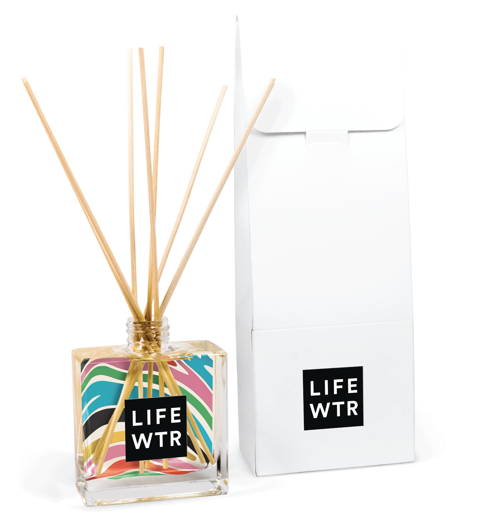 8 oz clear glass reed diffuser bottle with natural wooden reeds and custom logo printing, shown with white packaging box