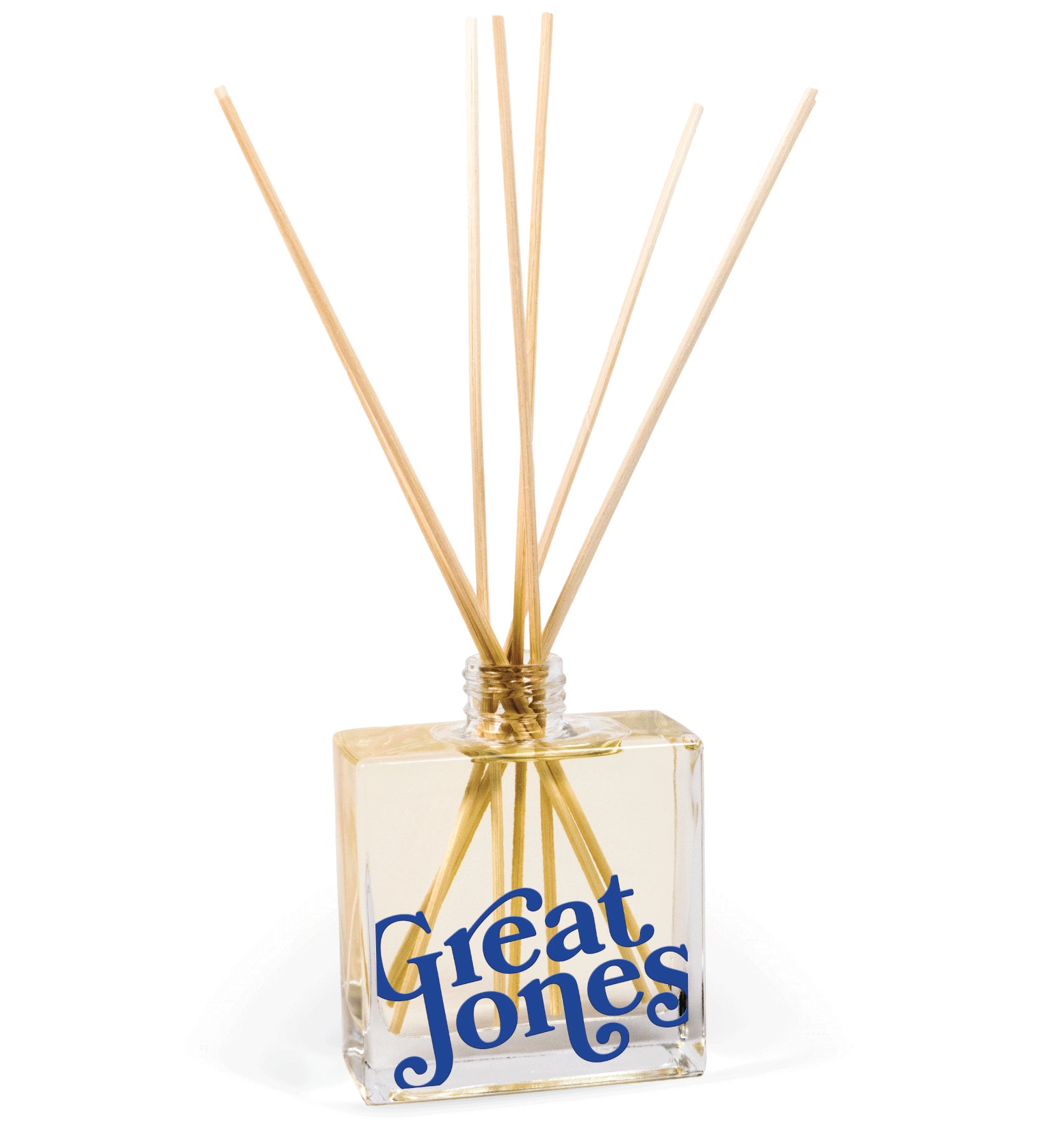 8 oz clear glass reed diffuser bottle displaying custom logo imprint with natural reeds, elegant promotional product for corporate branding