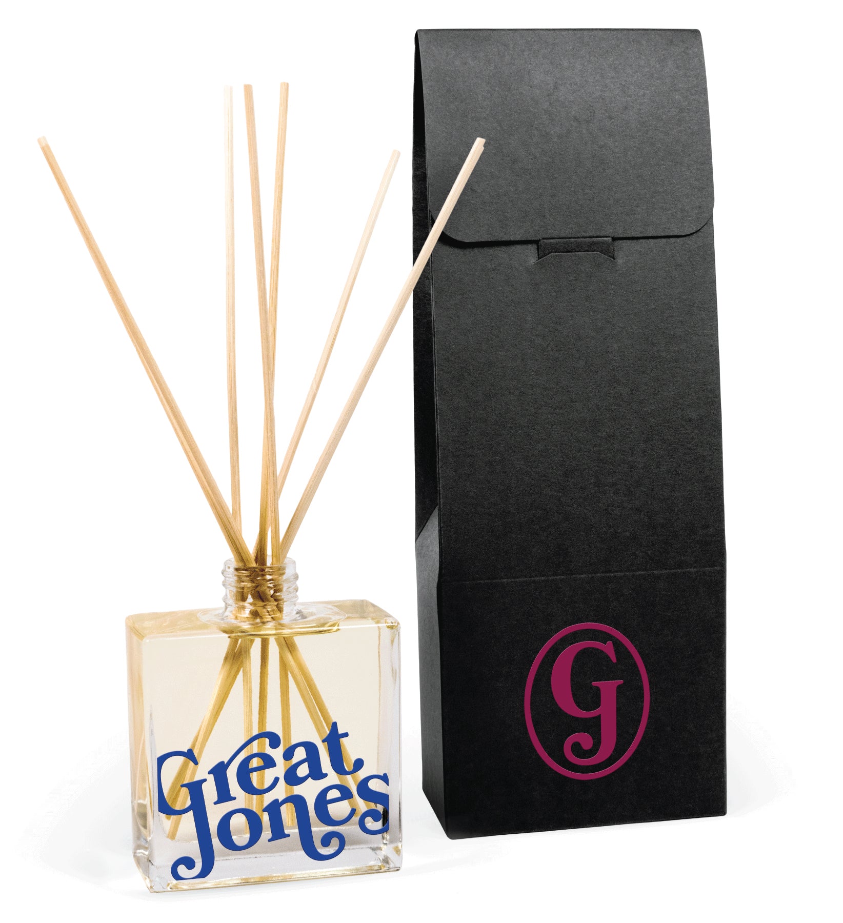 8 oz clear glass reed diffuser bottle with custom branding, showing professional quality promotional product with natural reeds