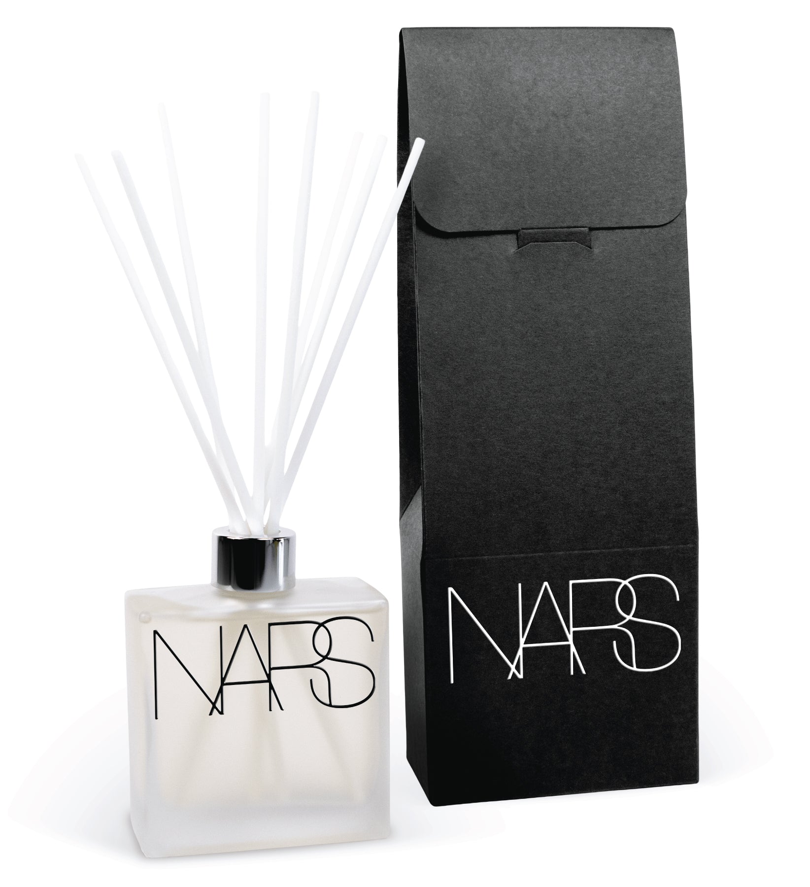 8 oz frosted reed diffuser with packaging, showing the product alongside its black gift box