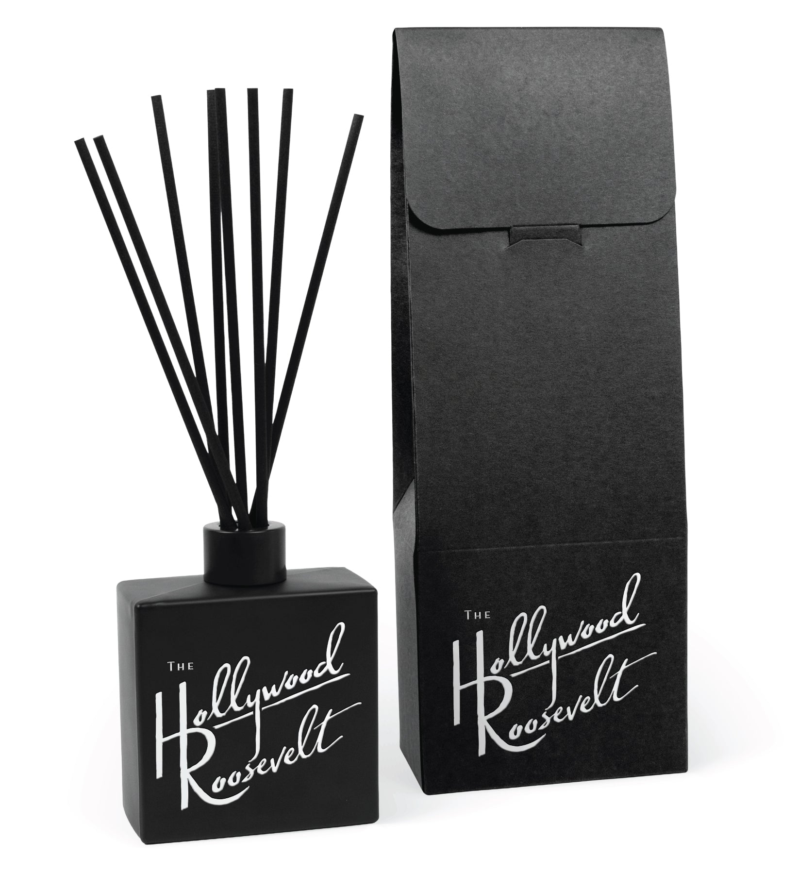 8 oz black reed diffuser with custom white script branding and black gift box