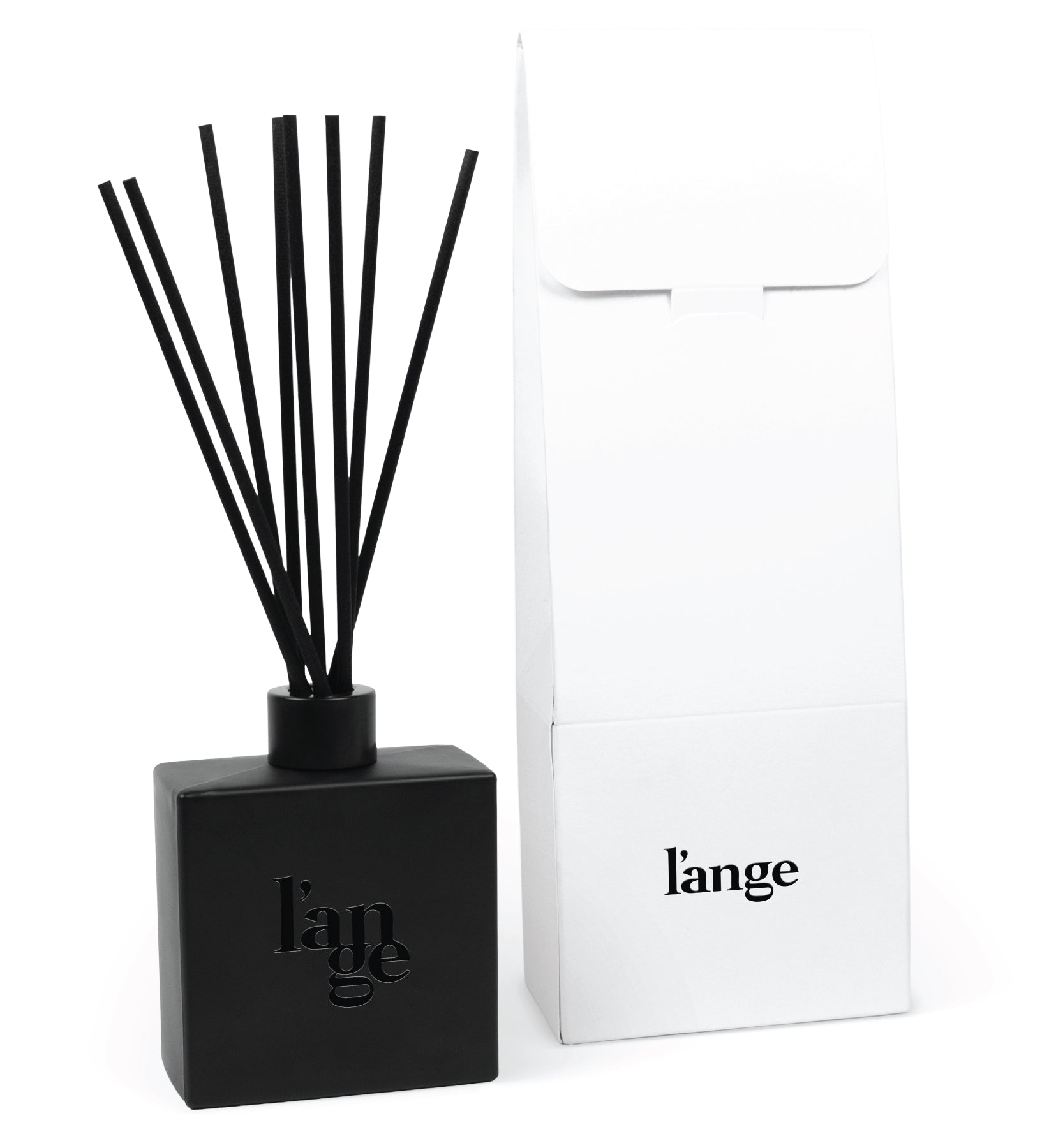 8 oz black reed diffuser with custom high gloss script branding and white gift box