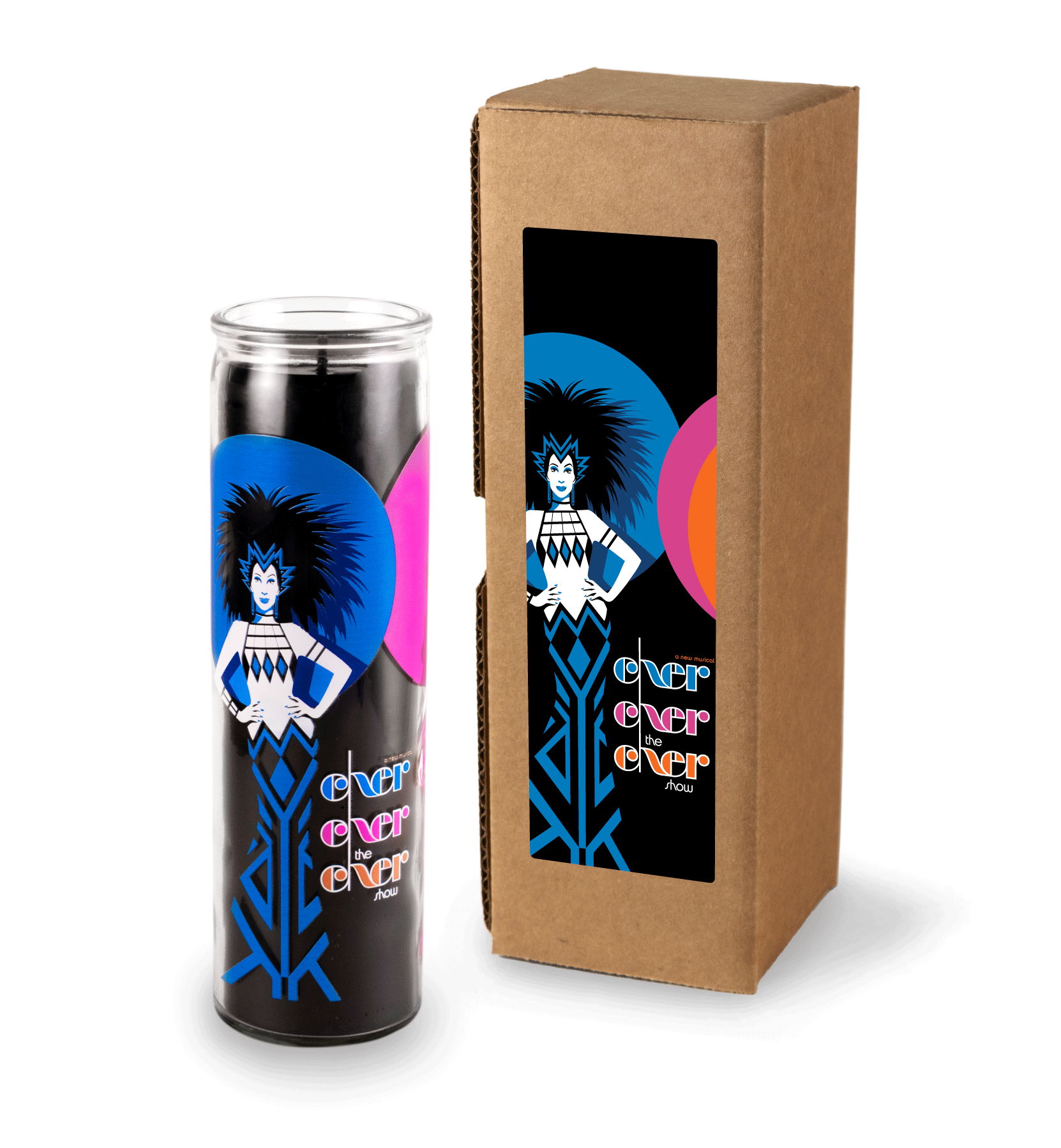 A 16 oz Prayer Candle from Custom Candles LA filled with black wax in a tall glass container. The candle is printed with an image on a woman with spiky hair and her hands on her hips in royal blue and white in front of a blue and a pink circle with the black wax showing through. Next to the woman the glass Is printed with the words "Exer exer the exer show" stacked in blue, pink, and orange. To the right of the candle sits a Kraft mailer box with a sticker on the box that is printed with the same label.