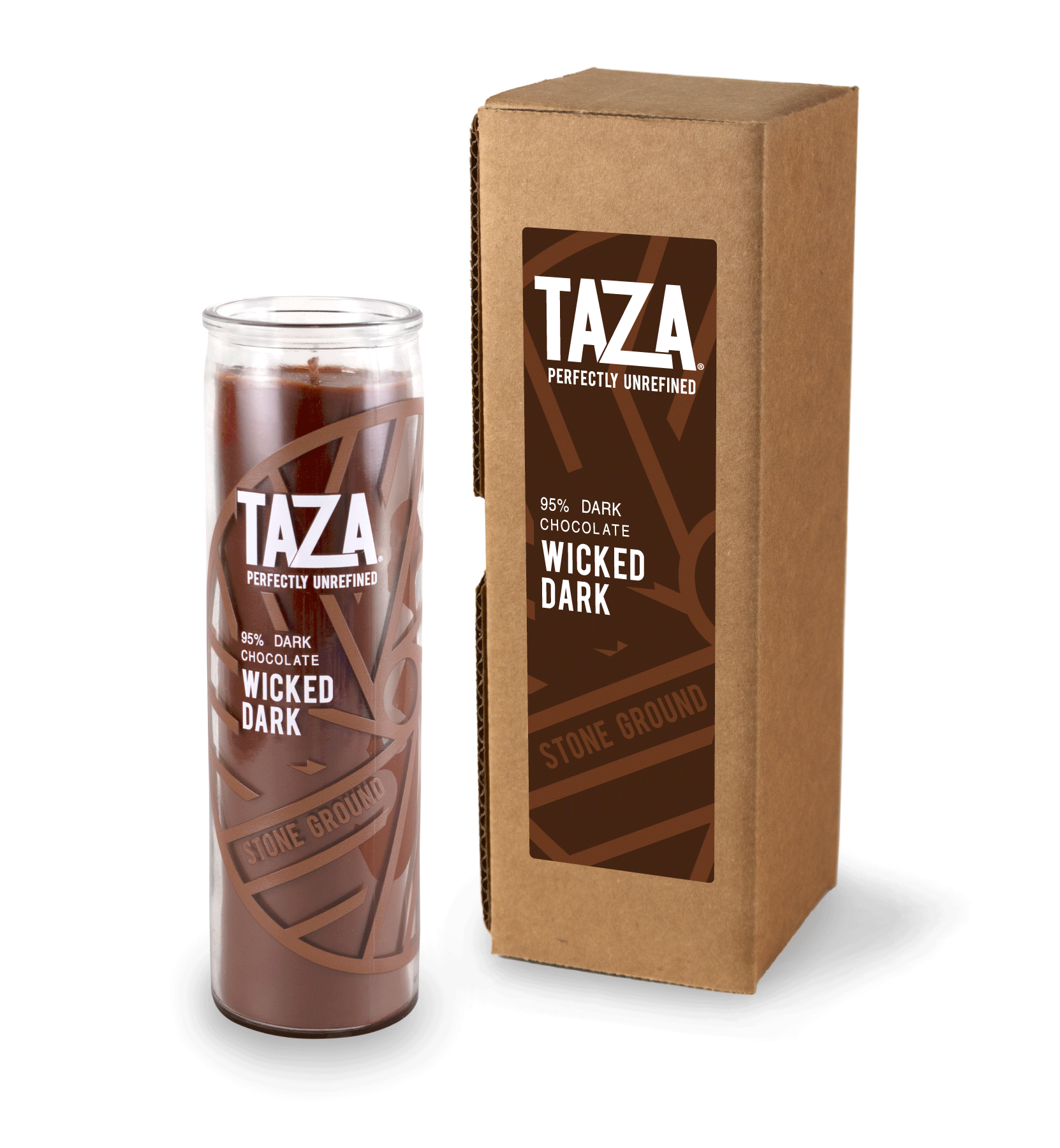 A 16 oz Prayer Candle from Custom Candles LA filled with brown wax in a tall glass container. The candle is printed with a logo that reads "TAZA Perfectly Unrefined" in white and "95% Dark Chocolate Wicked Dark" printed underneath it, with a brown circle that includes lines printed in brown along with "Stone Ground" behind the logo. The brown wax shows through the image. To the right of the candle sits a Kraft mailer box with a sticker on the box that is printed with the same label.
