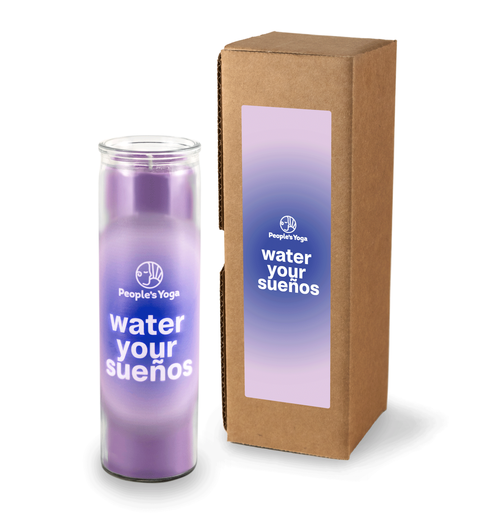 A 16 oz Prayer Candle from Custom Candles LA filled with purple wax in a tall glass container. The candle is printed with a white "People's Yoga" logo and underneath it reads "water your suenos" in white. Behind the letters is a blue circle and fades into a lighter purple with the purple wax through the glass. To the right of the candle sits a Kraft mailer box with a sticker that has a the same artwork printed on it. The background of the sticker is a circular gradient from a blue to a light purple.