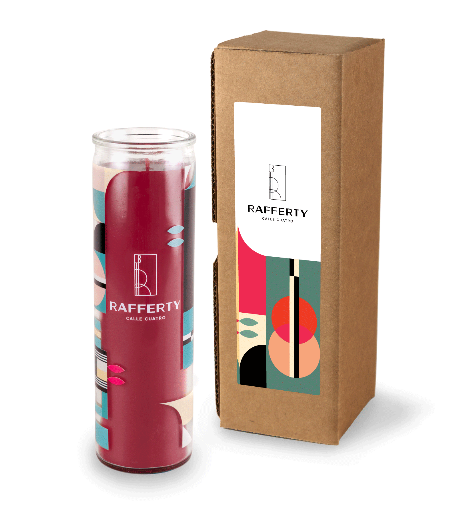A 16 oz Prayer Candle from Custom Candles LA filled with red wax in a tall glass container. The candle is printed with a white "RAFFERTY CALLE CUATRO" Logo. surrounding the logo is a pattern of various shapes in black teal, bright pink, pale yellow and peach. The red wax shows through behind the logo. To the right of the candle sits a Kraft mailer box with a sticker that has a the same logo printed in black on a white background and a similar pattern from the candle artwork printed below the logo.