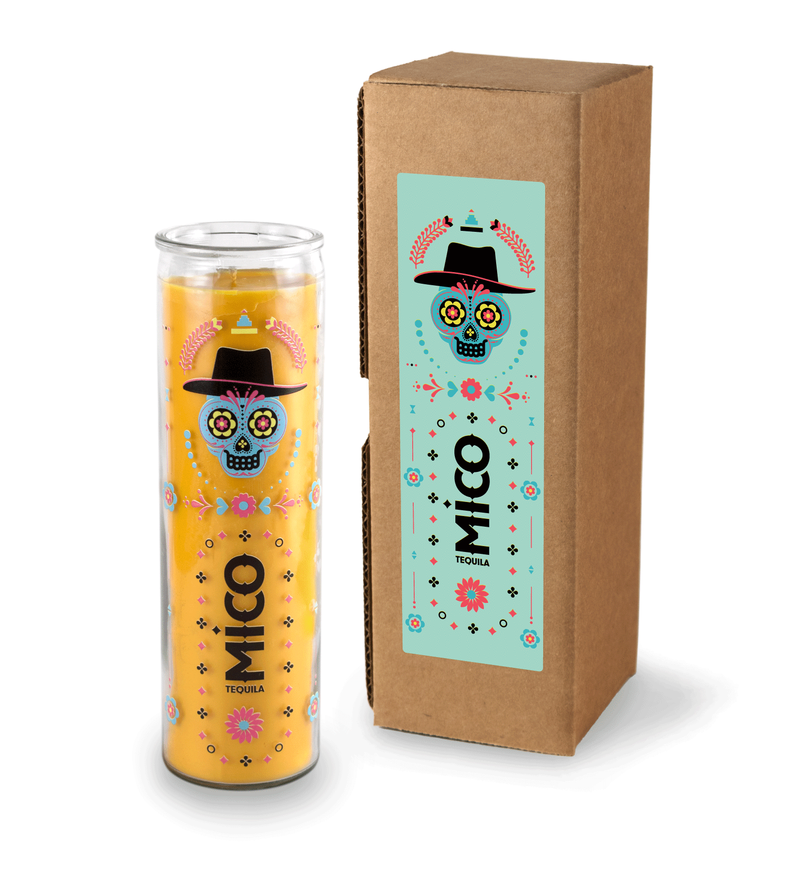A 16 oz Prayer Candle from Custom Candles LA filled with yellow wax in a tall glass container. The candle is printed with a colorful image of a calavera surrounded by patterns in various colors and shapes including flowers, dots, and diamonds. In the middle of the candle there is a vertical logo printed in black that reads "MICO TEQUILA". The yellow wax shows through the artwork. To the right of the candle sits a Kraft mailer box with a sticker that has the same artwork printed on it with a teal background.