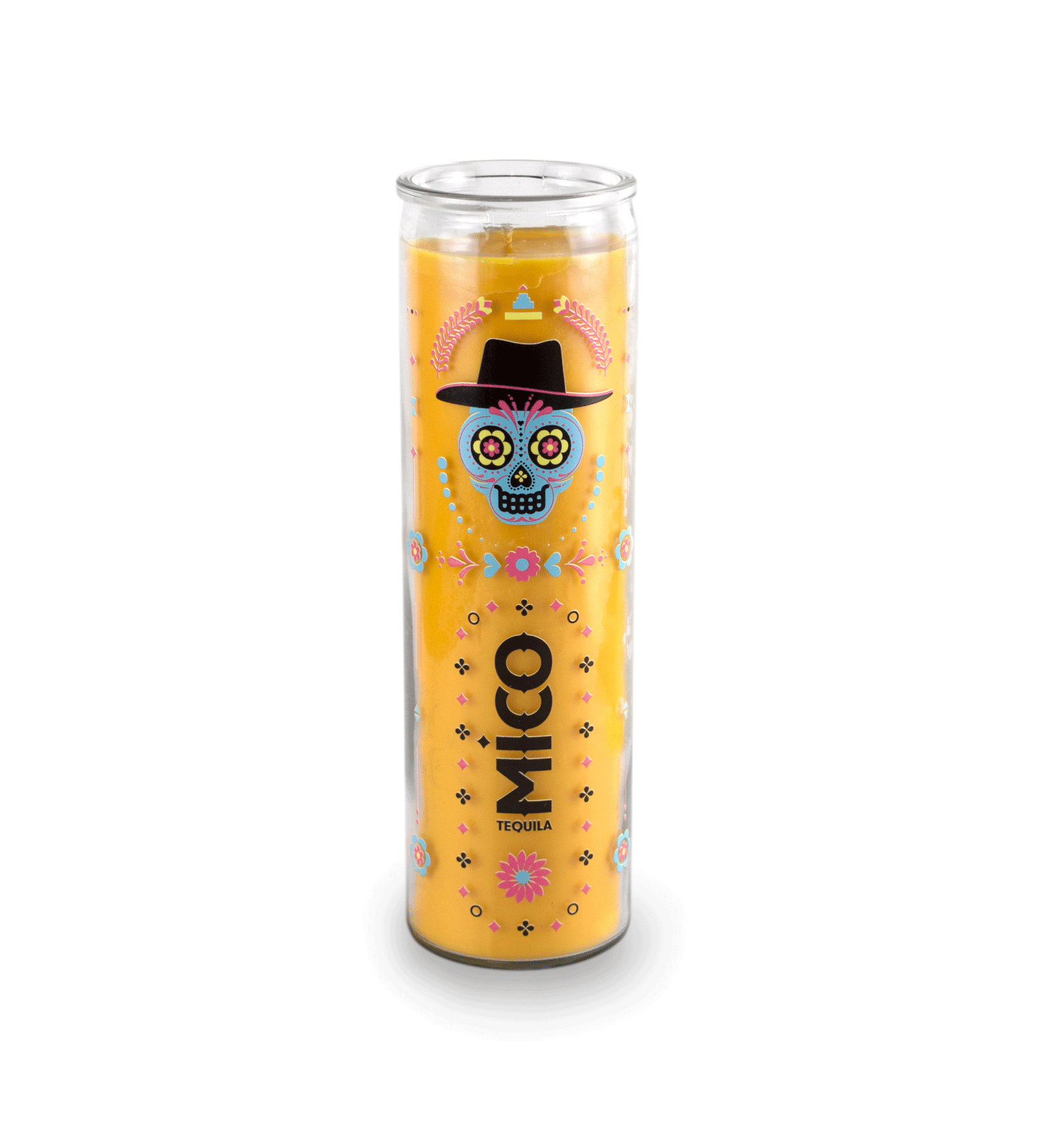 A 16 oz Prayer Candle from Custom Candles LA filled with yellow wax in a tall glass container. The candle is printed with a colorful image of a calavera surrounded by ornate patterns in various colors and shapes including flowers, dots, and diamonds. In the middle of the candle there is a vertical logo printed in black that reads "MICO TEQUILA". The yellow wax shows through the artwork.