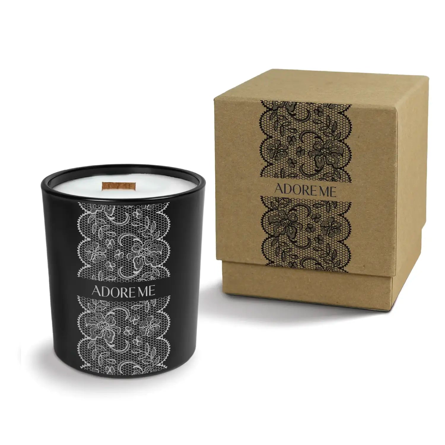 Luxury engraved candle with branding next to a box on a white background
