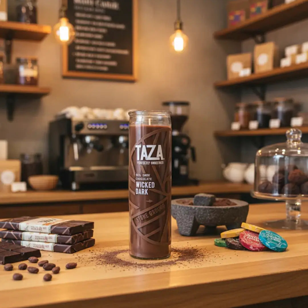 prayer candle on a wooden counter with coffee shop background