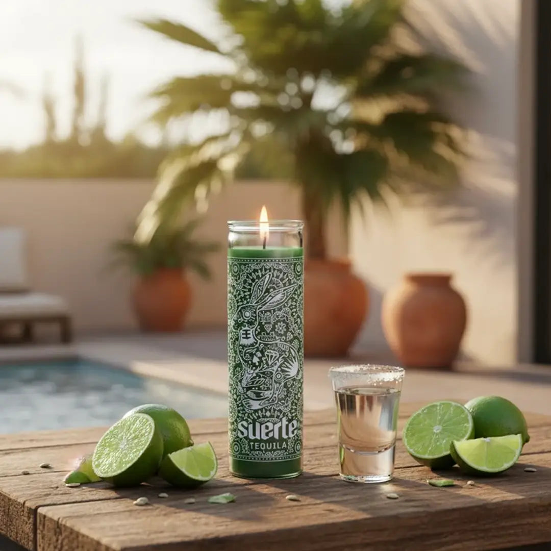 Green candle with tequila and lime on a wooden table by a poolside.