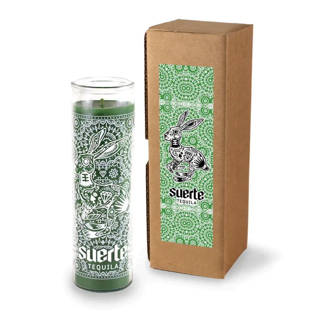 Custom prayer candle with a label printed on gift box, minimal design on white background. Color green