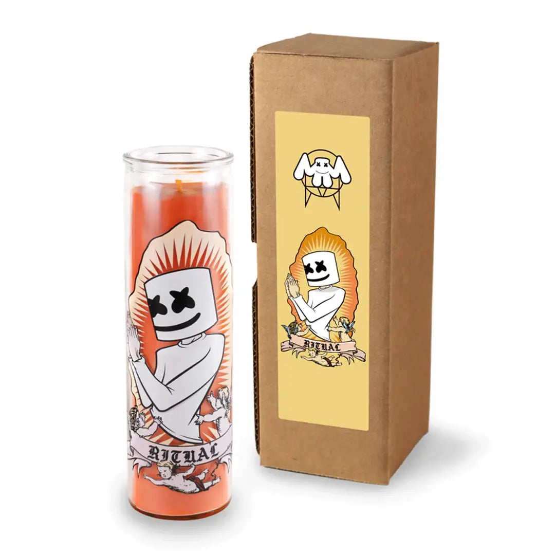 Custom prayer candle with a label printed on gift box, minimal design on white background. Color orange.