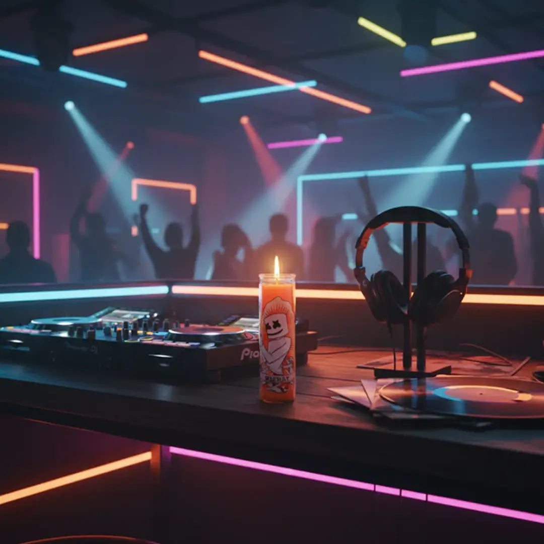 Dj booth with turntables, headphones, and a candle in a club setting with colorful lights.
