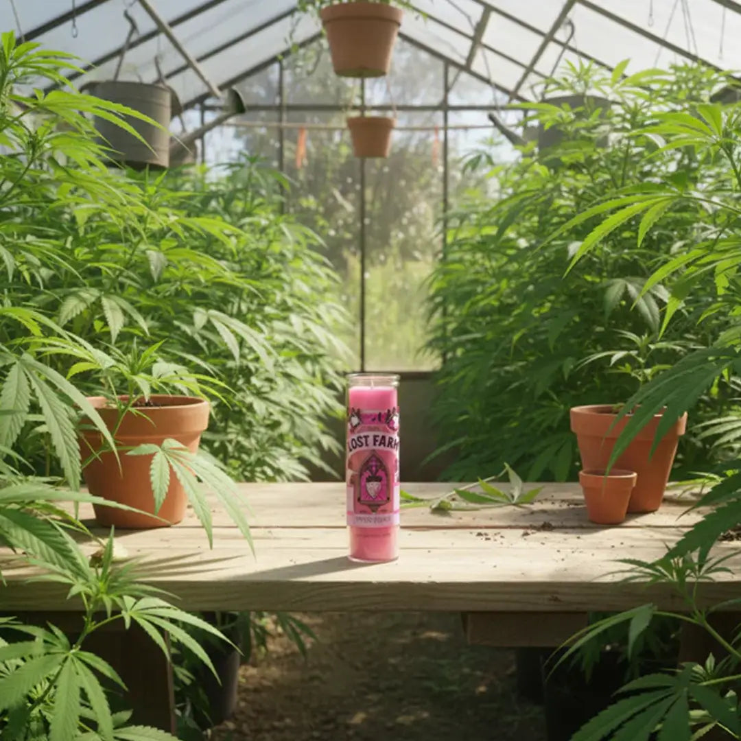 Pink candle labeled on a wooden table surrounded by potted plants in a greenhouse.