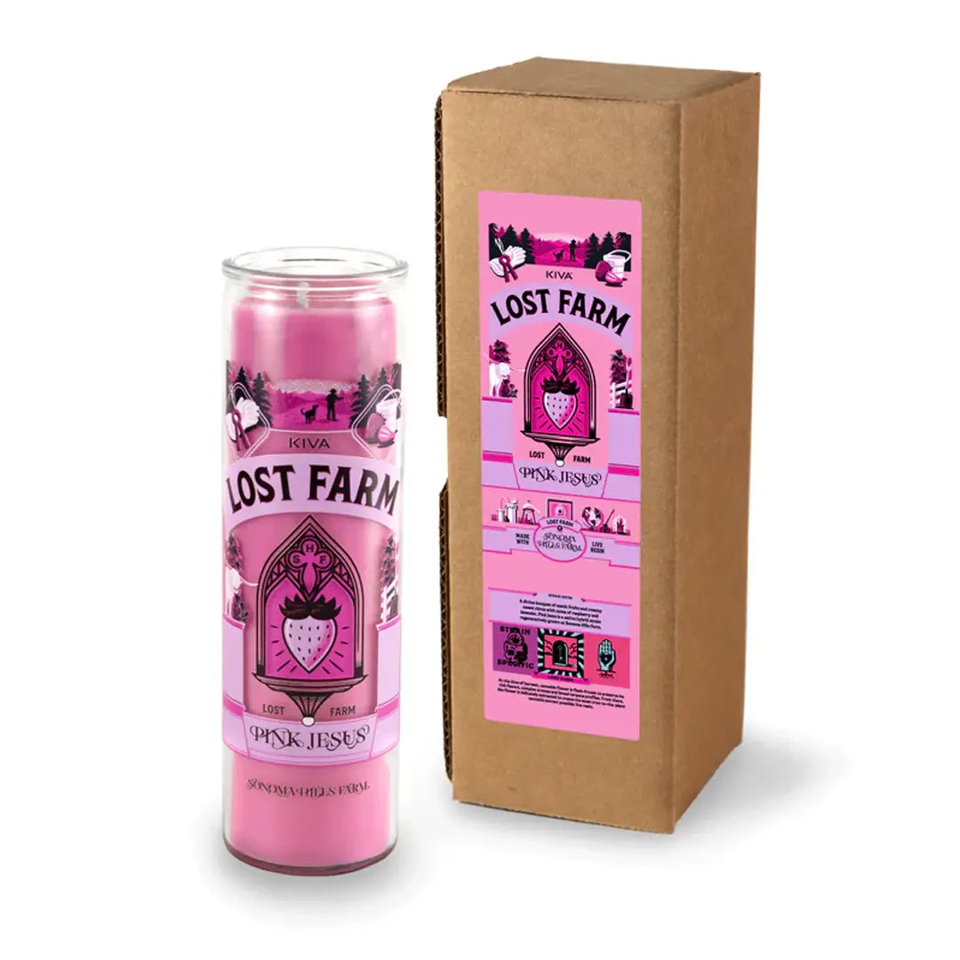 Custom prayer candle with a label printed on gift box, minimal design on white background. Color pink
