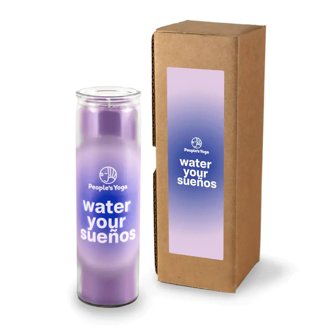 Custom prayer candle with a label printed on gift box, minimal design on white background. Color purple