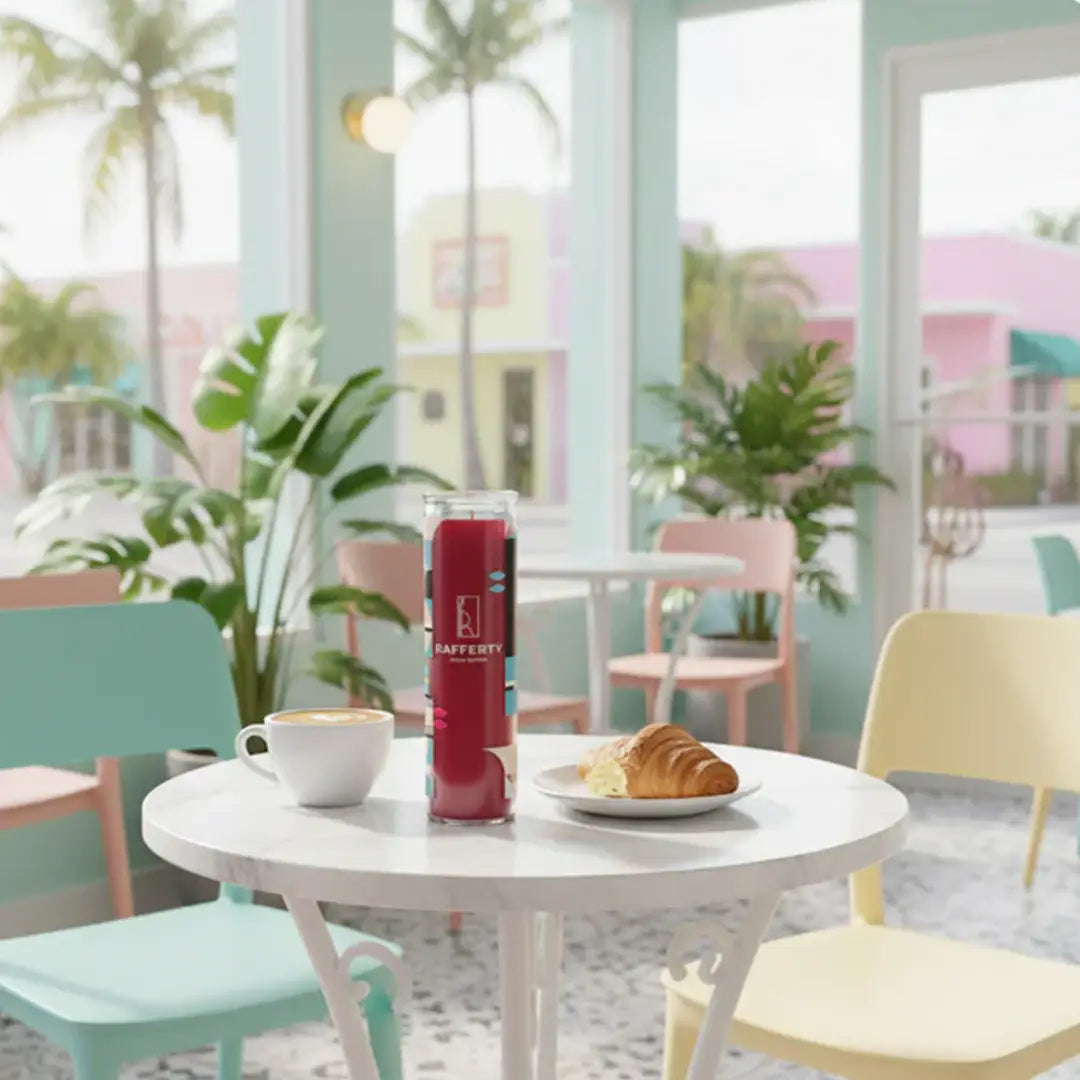 Table with a cup, croissant, and red can in a bright, modern cafe setting.