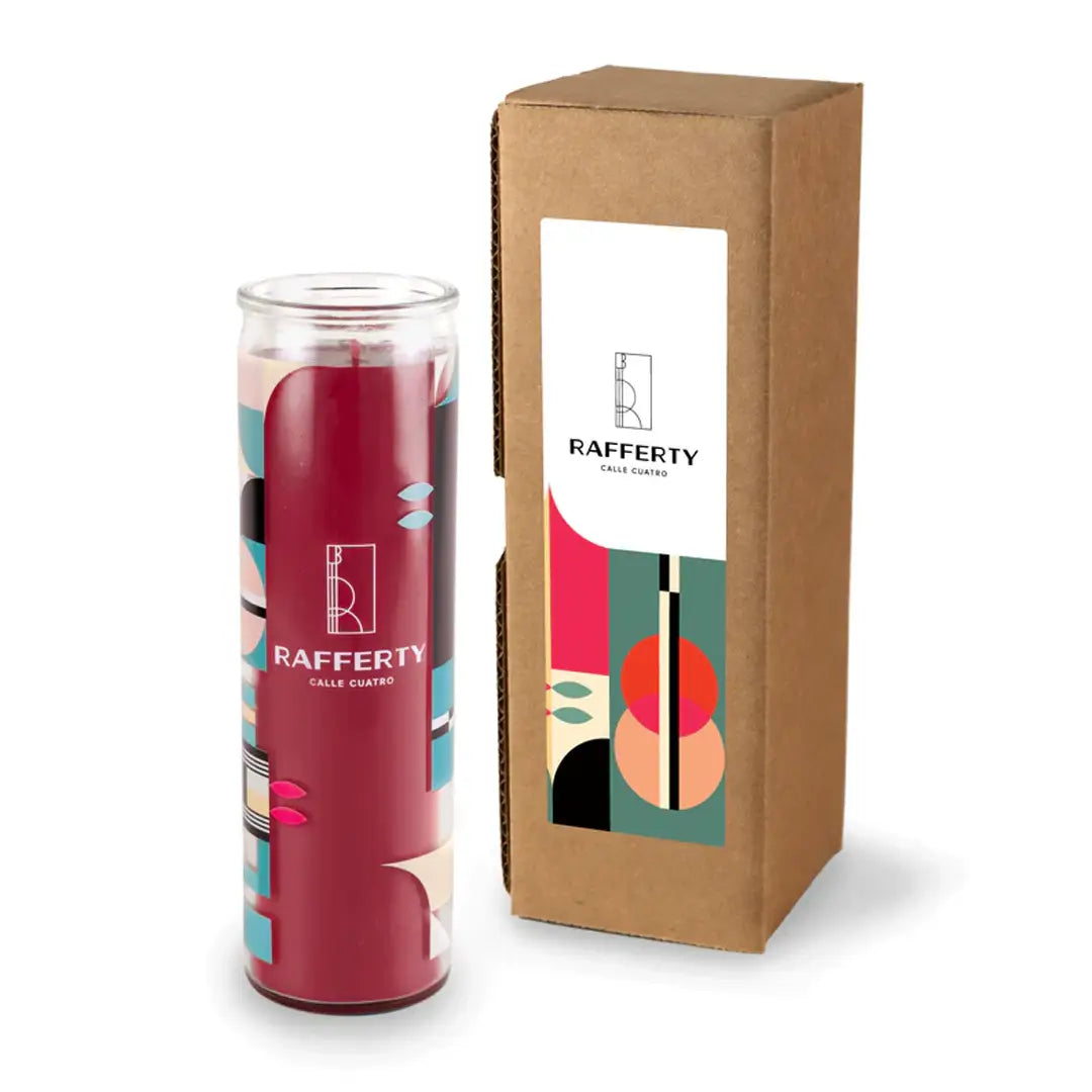 Custom prayer candle with a label printed on gift box, minimal design on white background. Color red.