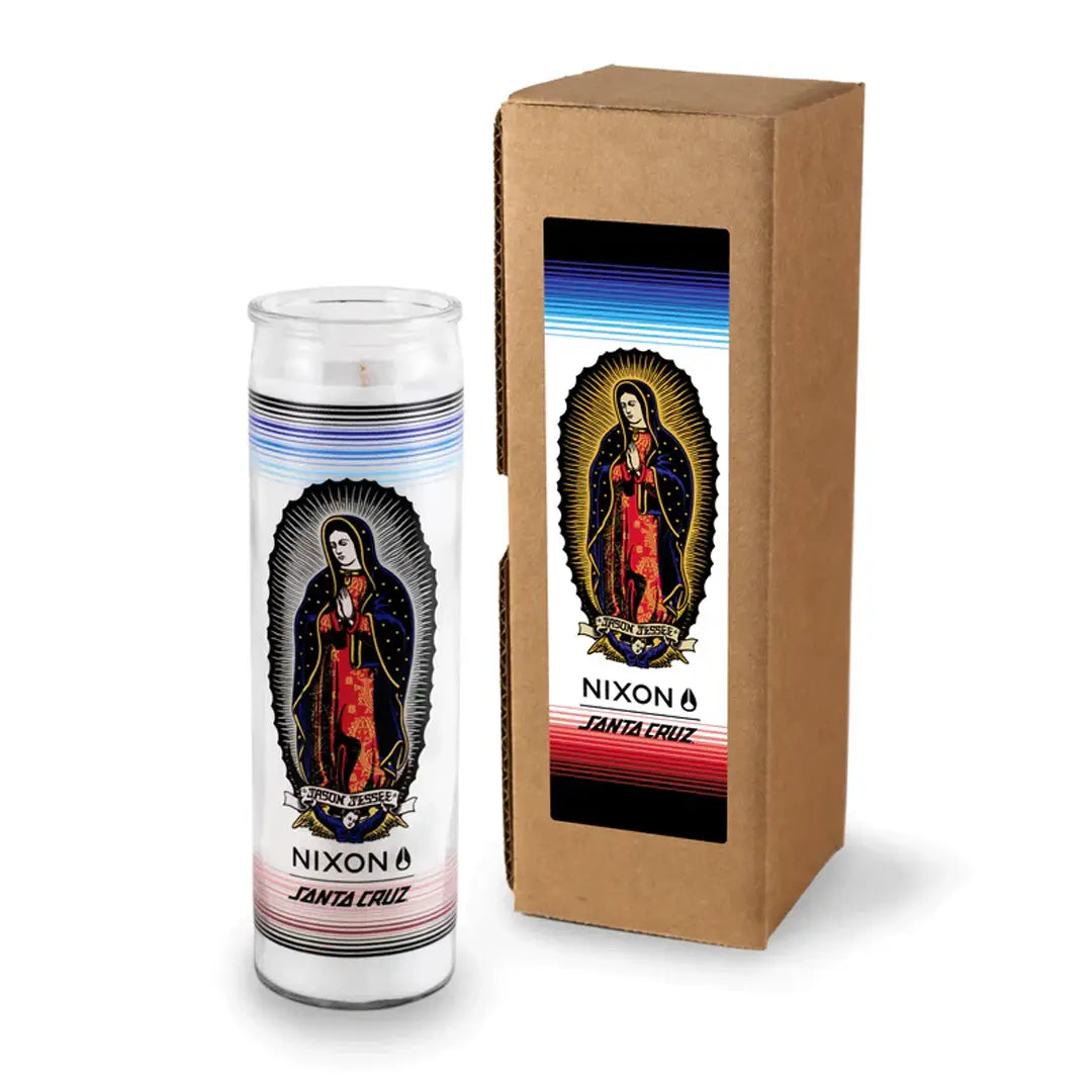 Custom prayer candle with a label printed on gift box, minimal design on white background. Color white.