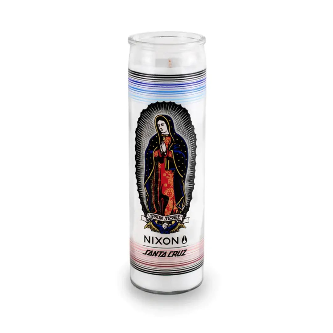 Custom prayer candle with personalized imprint image, sleek design on white background. Color White