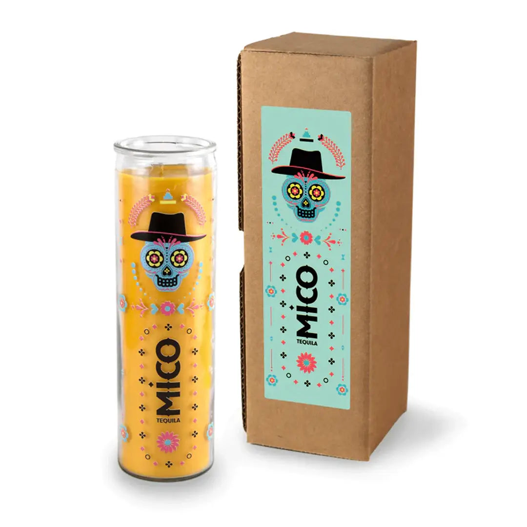 Custom prayer candle with a label printed on gift box, minimal design on white background. Color yellow
