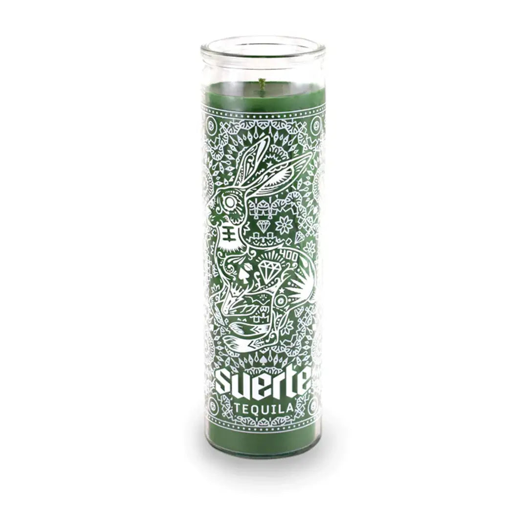 Custom prayer candle with personalized imprint image, sleek design on white background. Color green