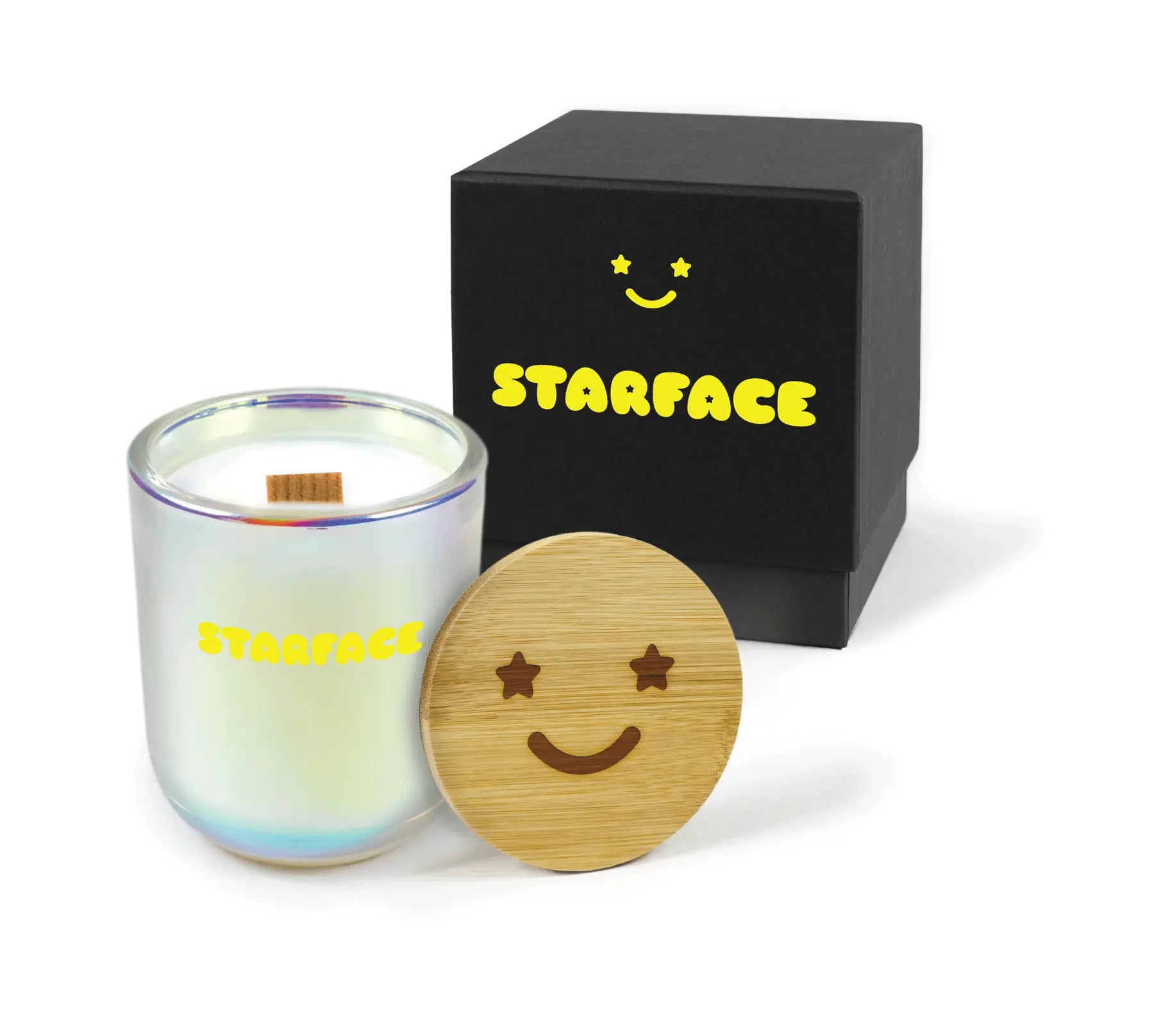 Candle with wooden lid and branding on a white background