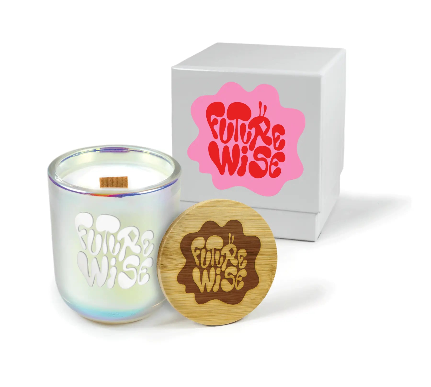 Candle with wooden lid and logo branding on a white background