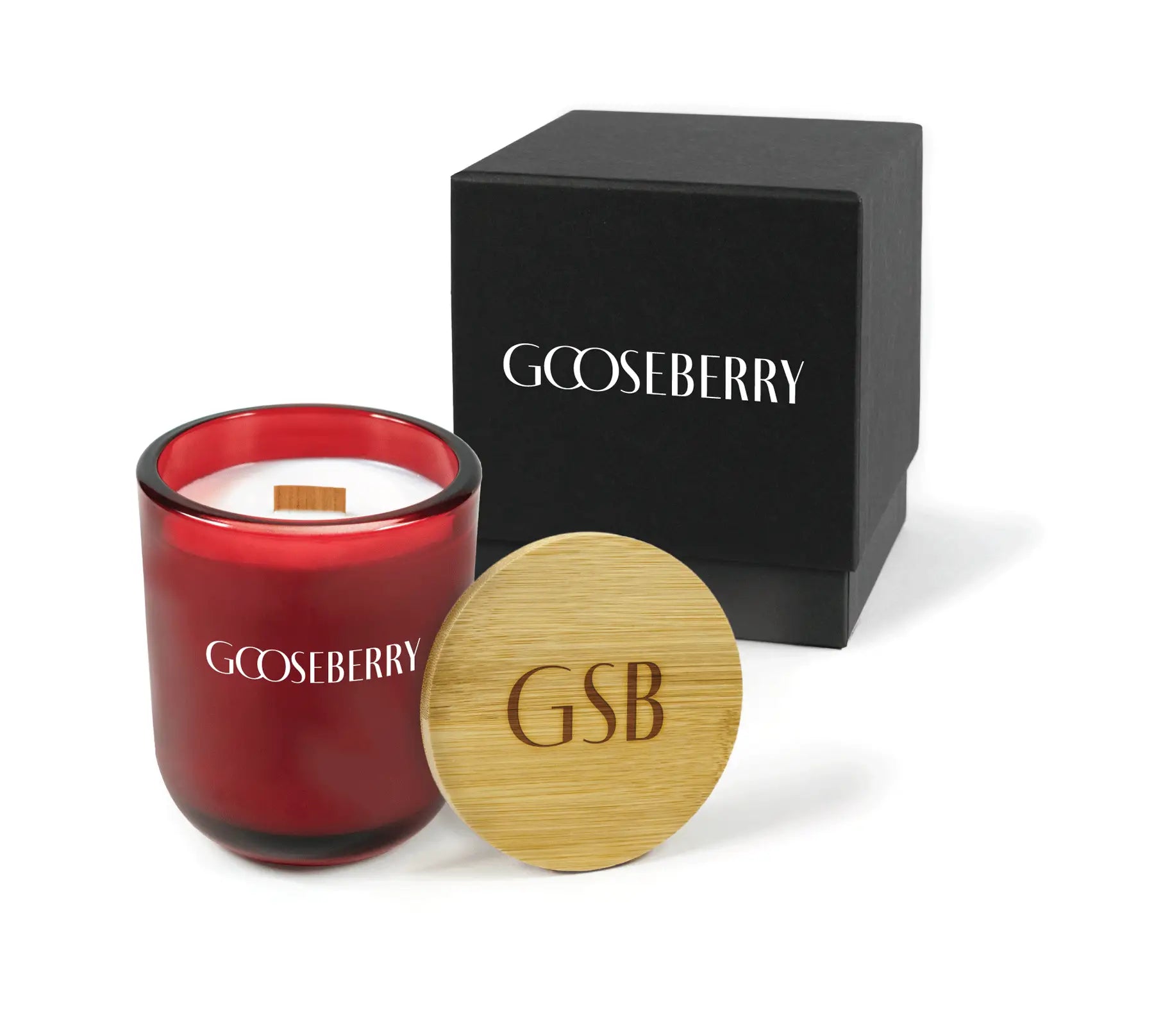 Red candle with wooden lid and branding on a white background