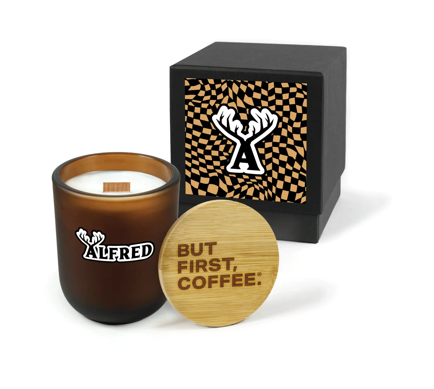 Candle with wooden lid and decorative box featuring branding on a white background