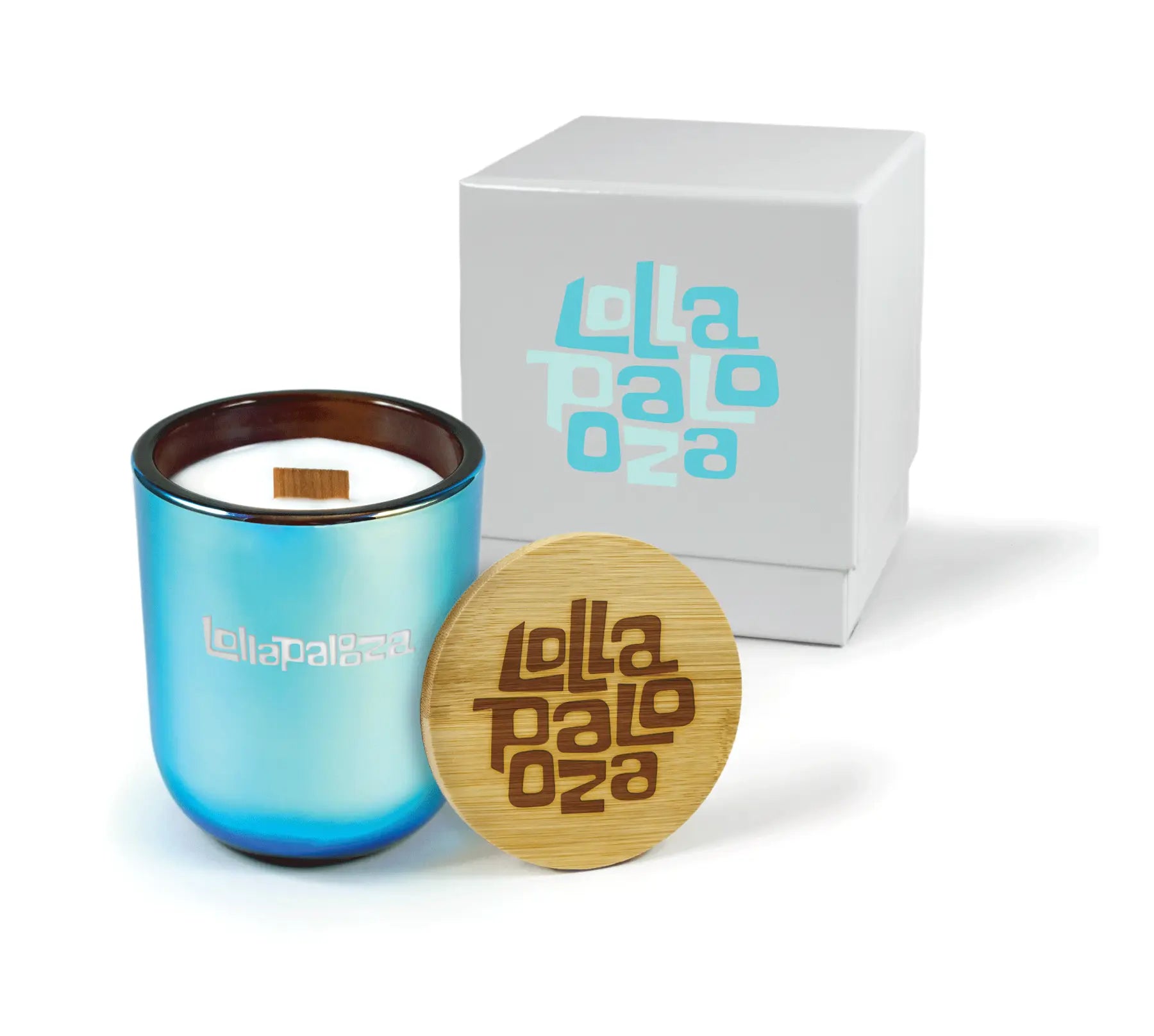 Blue candle with wooden lid and logo branding on a white background