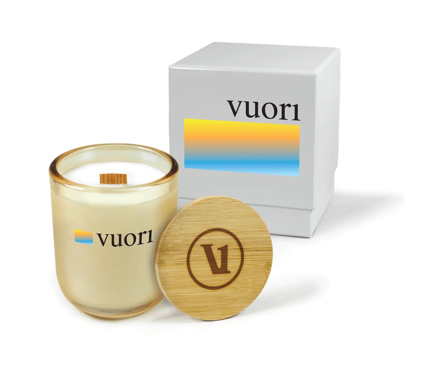 candle with wooden lid and packaging on a white background