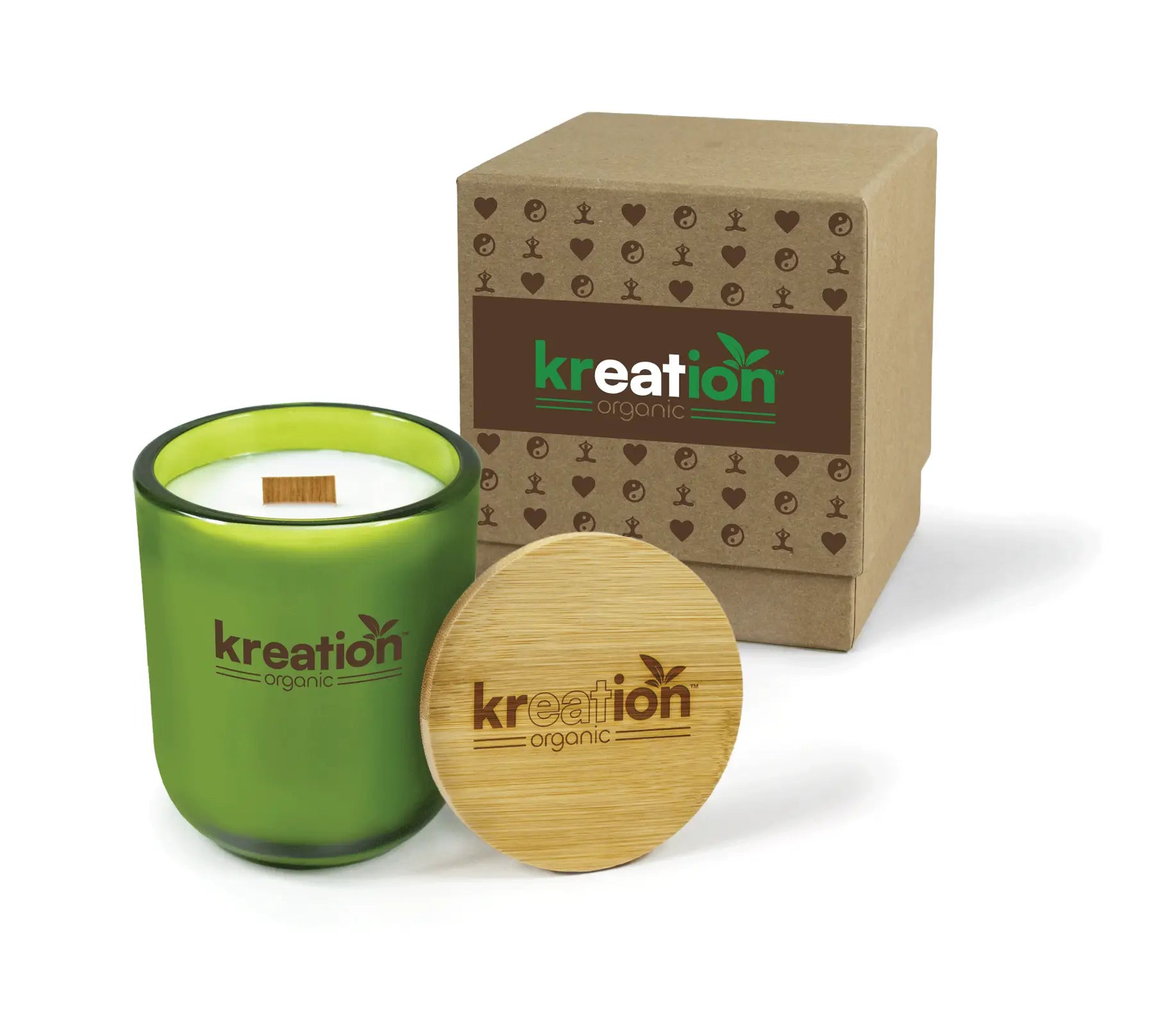 Green candle with wooden lid and branded box on a white background