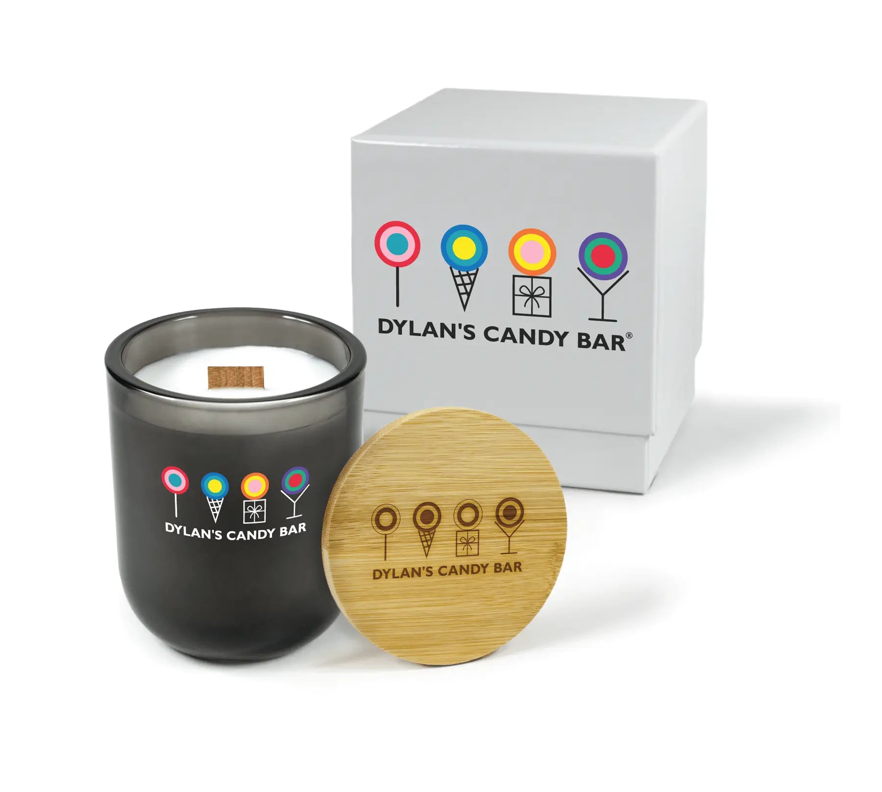 Black candle with wooden lid and white box featuring a logo on a white background