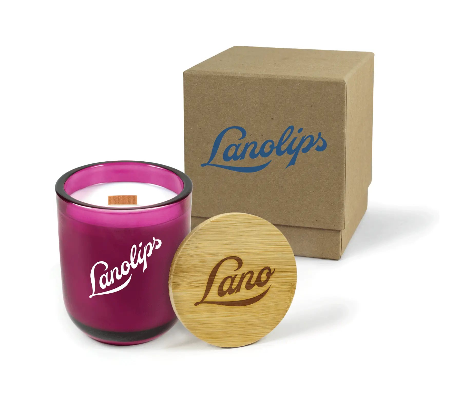Pink candle with wooden lid and logo branding on a white background