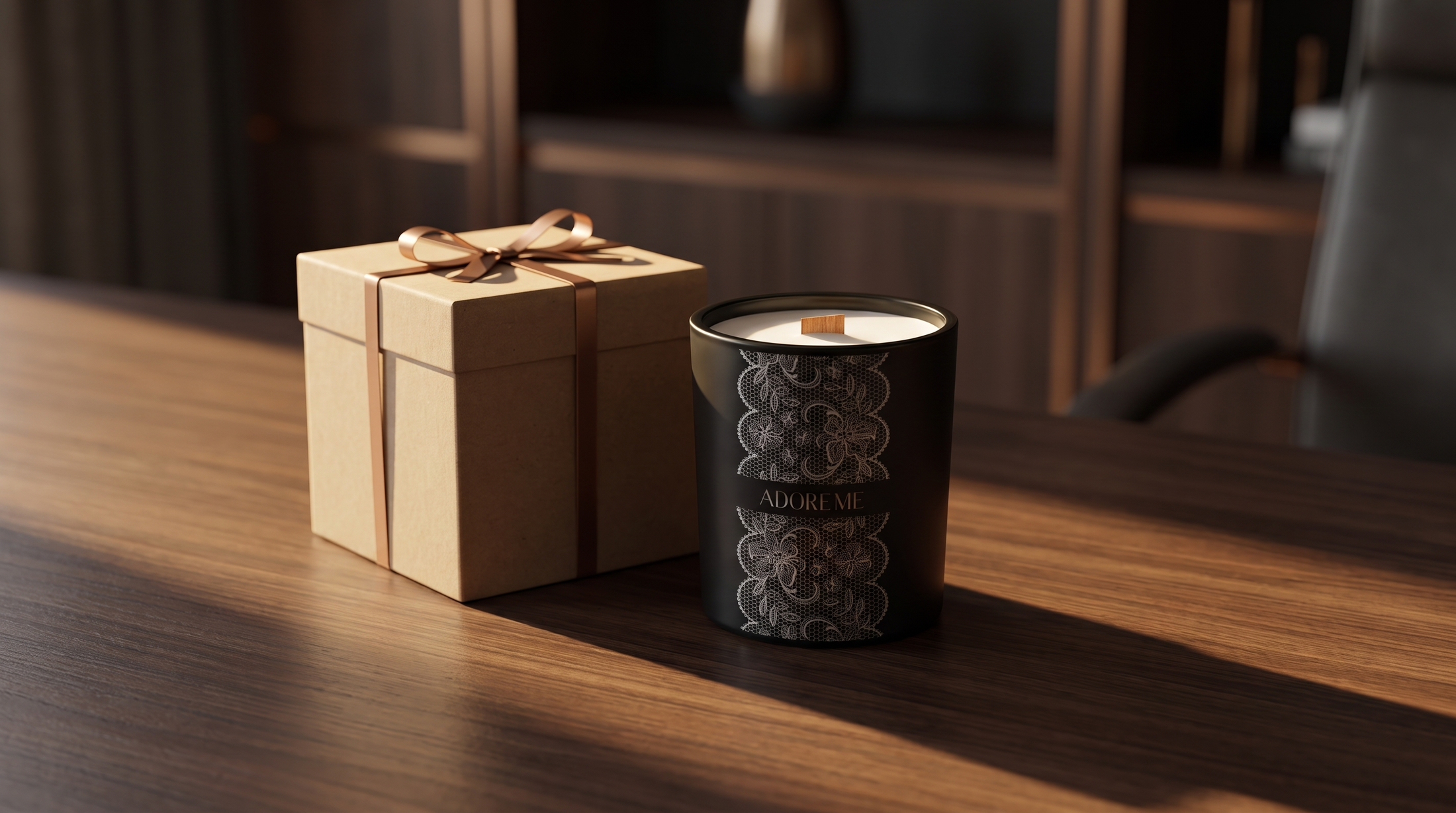 Editorial luxury photograph of an engraved corporate gift candle on a desk