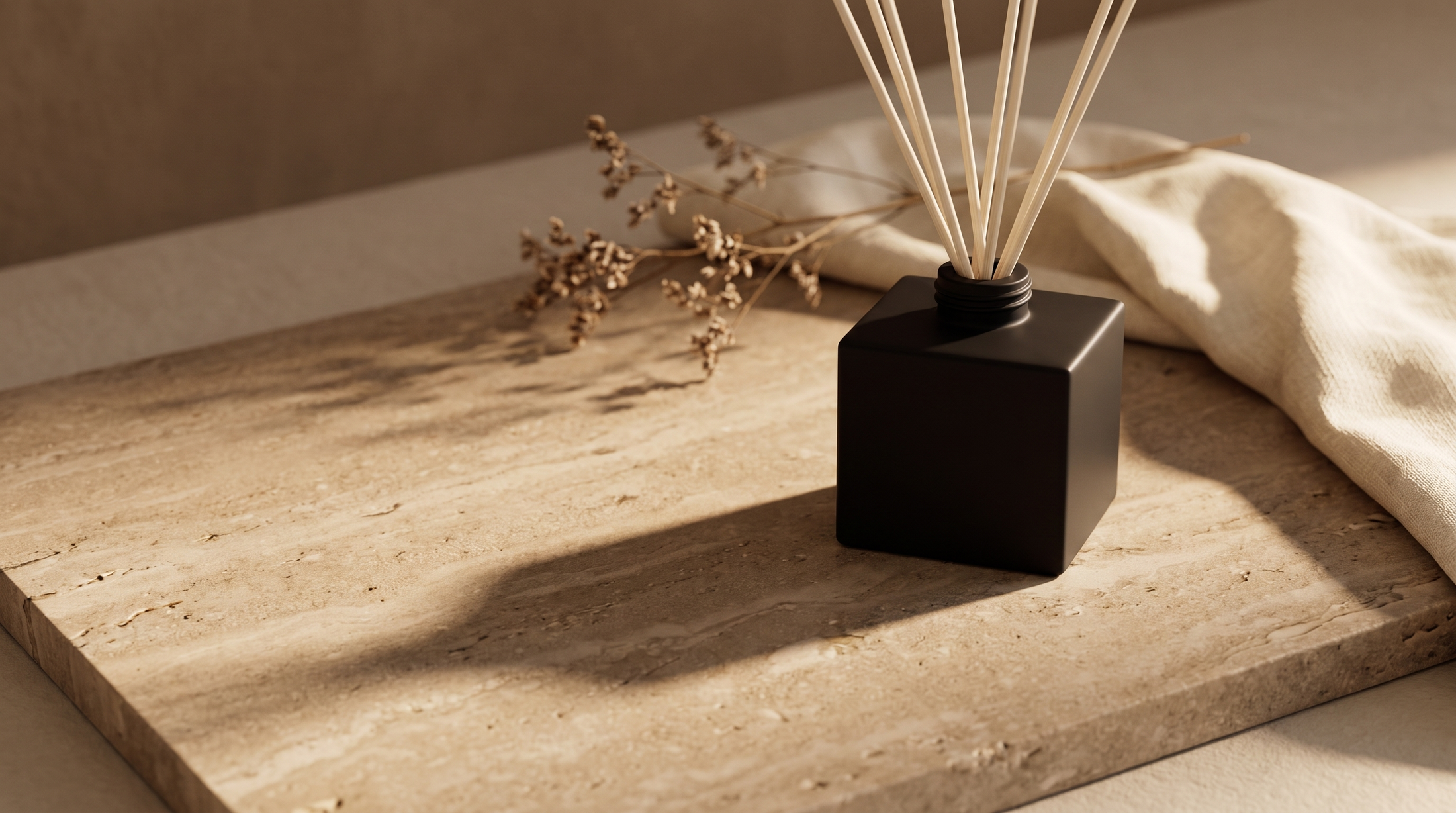 Editorial luxury photograph of a custom branded reed diffuser on warm stone