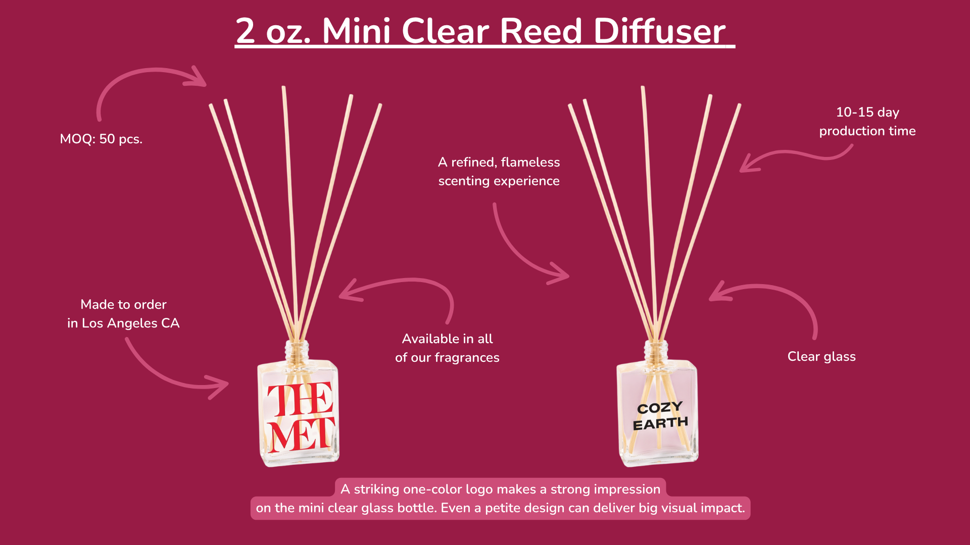 2 oz. Mini Clear Reed Diffuser with product details on a red background
