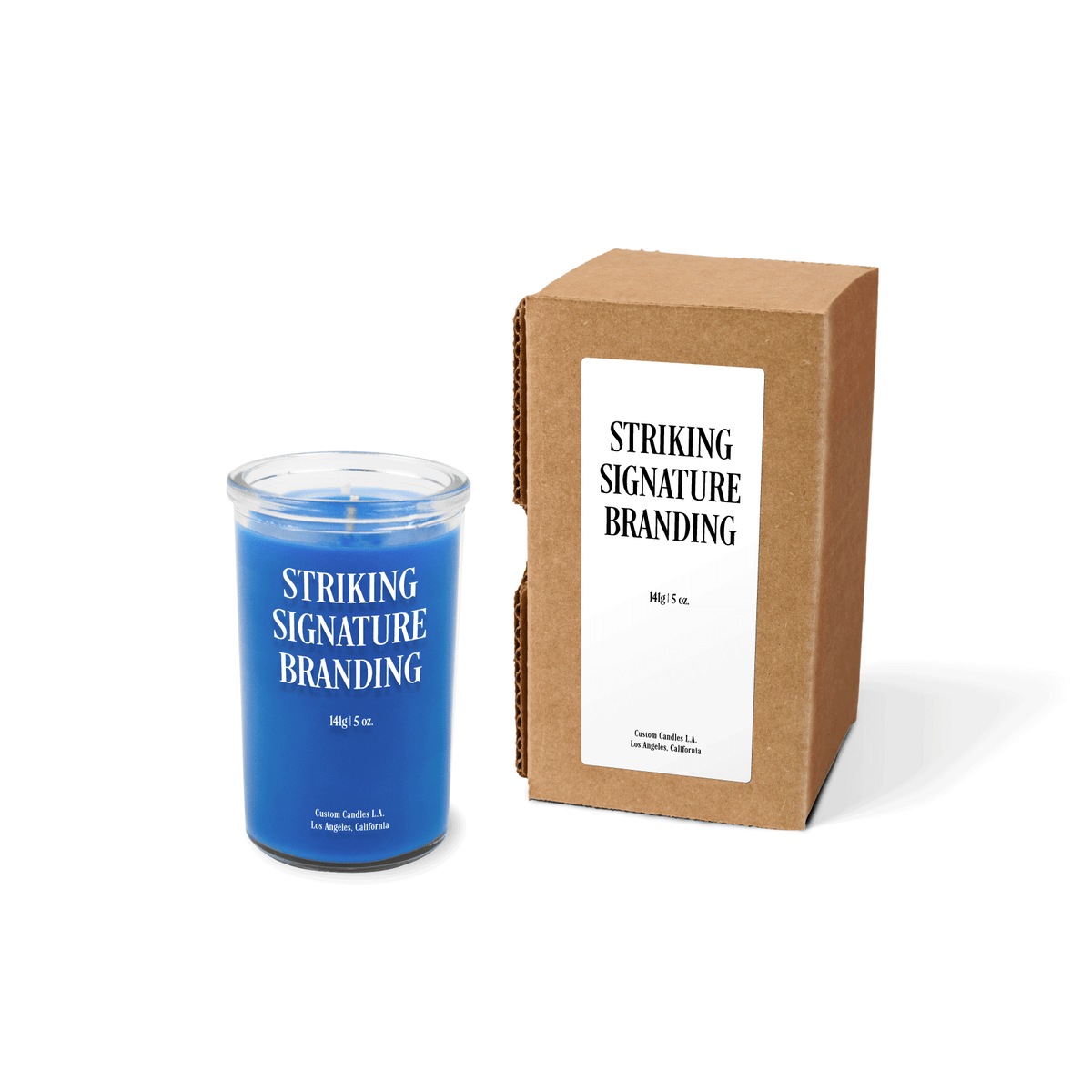 Blue wax 5 oz mini prayer candle sample with a printed brand logo and kraft gift box