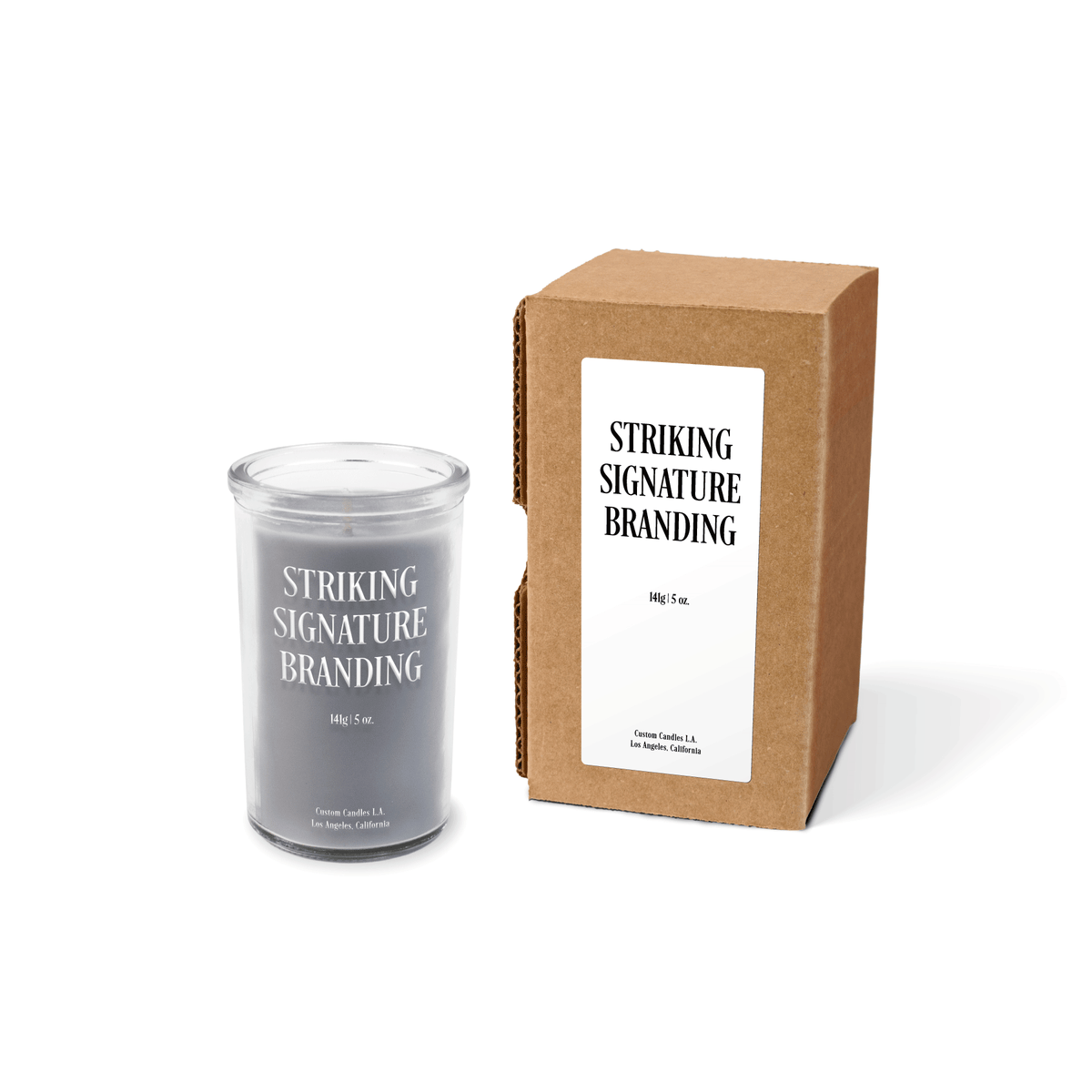 Gray wax 5 oz mini prayer candle sample with a printed brand logo and kraft gift box