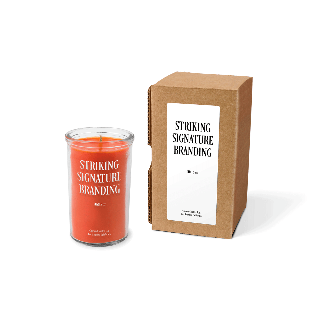 Orange wax 5 oz mini prayer candle sample with a printed brand logo and kraft gift box