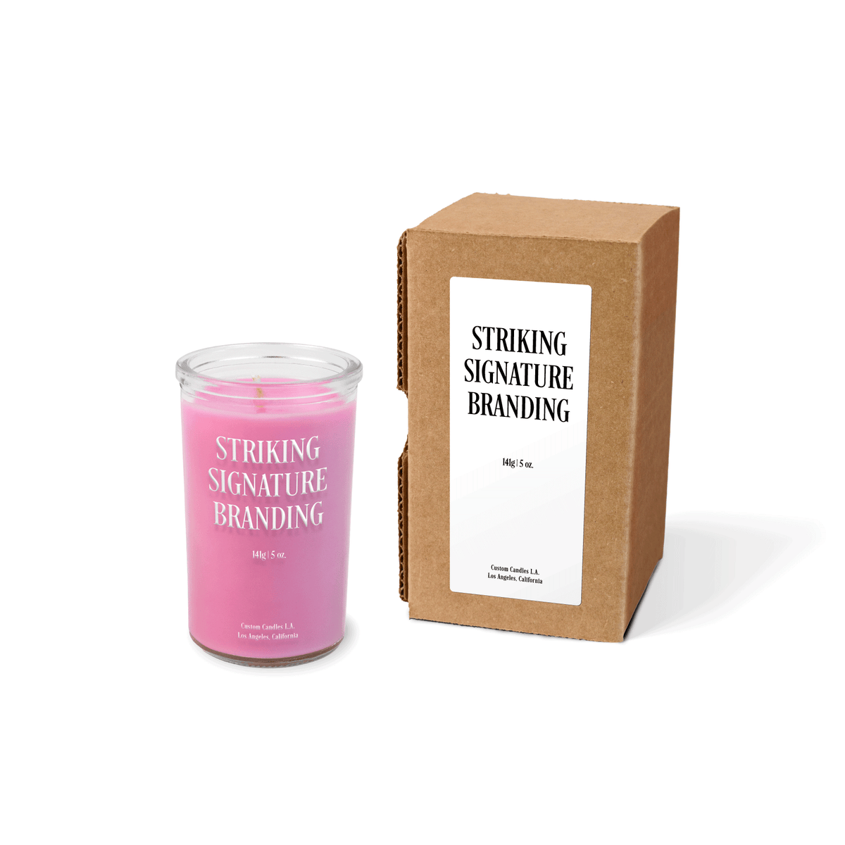Pink wax 5 oz mini prayer candle sample with a printed brand logo and kraft gift box