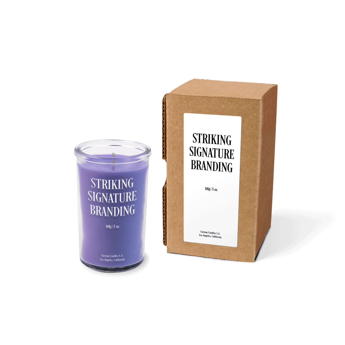Purple wax 5 oz mini prayer candle sample with a printed brand logo and kraft gift box