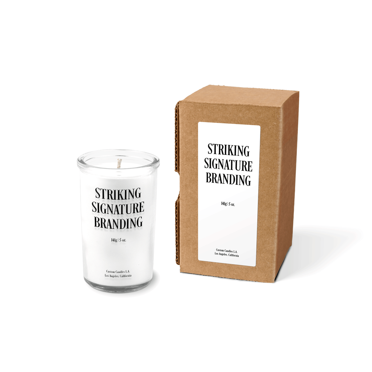 White wax 5 oz mini prayer candle sample with a printed brand logo and kraft gift box