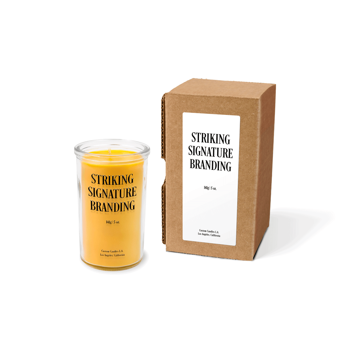 Yellow wax 5 oz mini prayer candle sample with a printed brand logo and kraft gift box