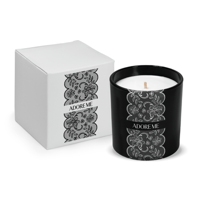 Matte black 9 oz. engraved custom candle paired with a white gift box.