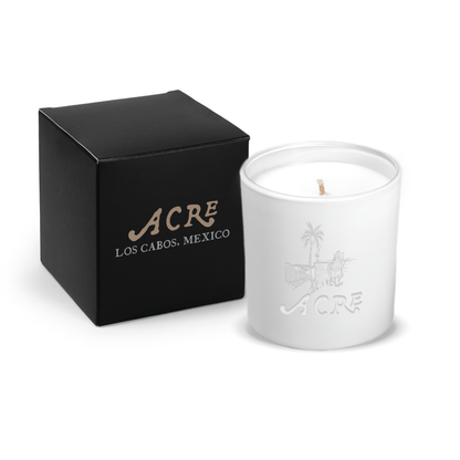 Matte white 9 oz. engraved custom candle paired with a matte black gift box.