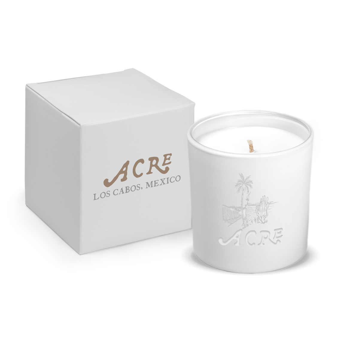 Matte white 9 oz. engraved custom candle paired with a white gift box.