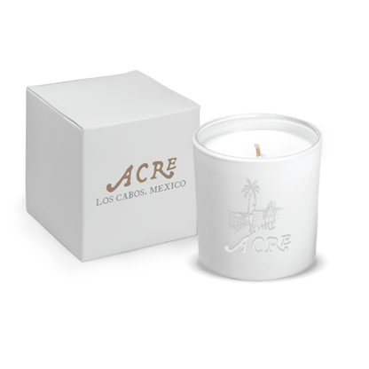 Matte white 9 oz. engraved custom candle paired with a white gift box.